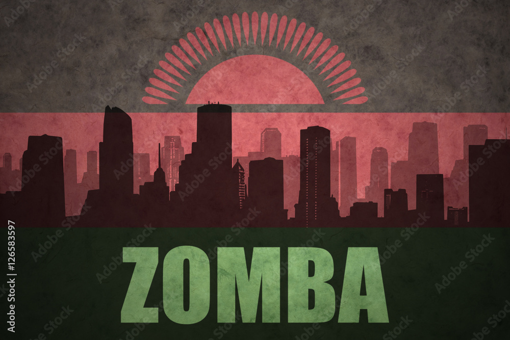abstract silhouette of the city with text Zomba at the vintage malawi flag