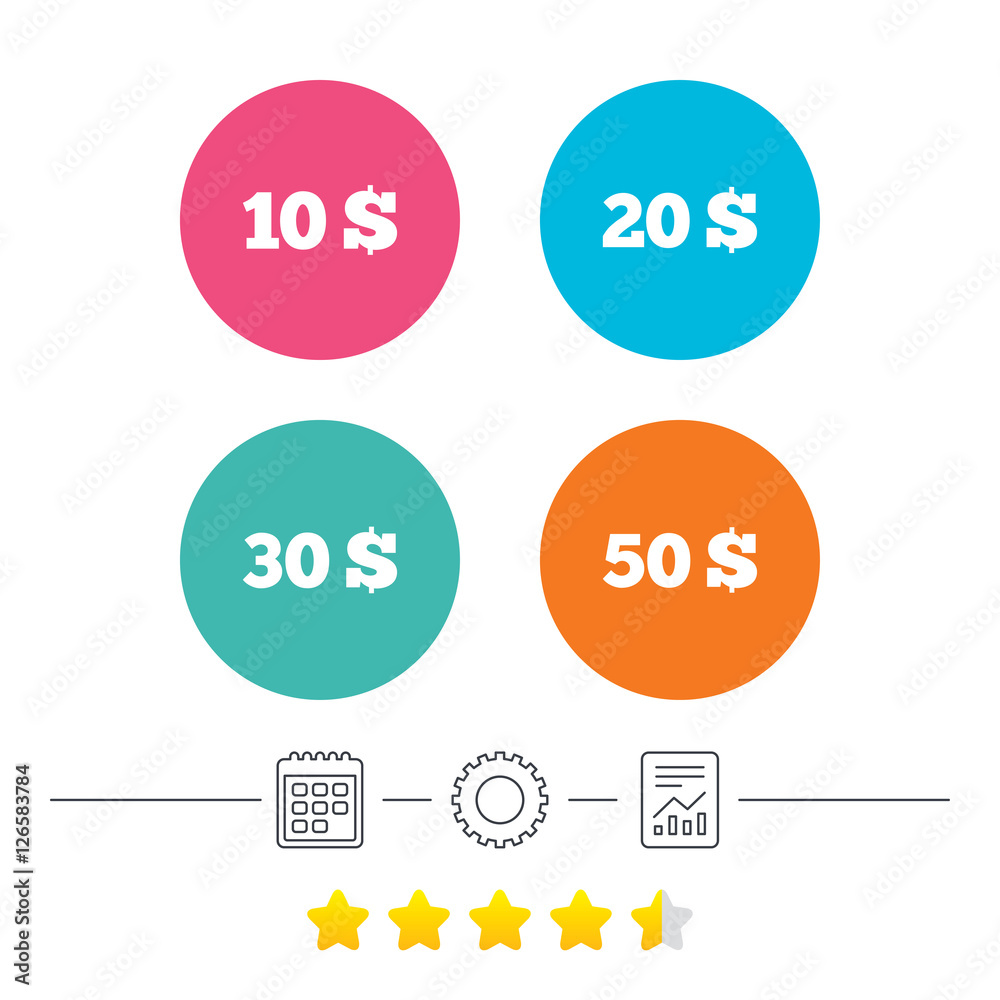 Money in Dollars icons. 10, 20, 30 and 50 USD symbols. Money signs Calendar, cogwheel and report linear icons. Star vote ranking. Vector Money in Dollars icons. 10, 20, 30 and 50 USD symbols. Money signs Calendar, cogwheel and report linear icons. Star vote ranking. Vector
