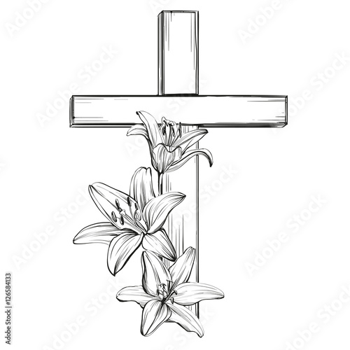 cross and floral blooming lilies, a symbol of Christianity hand drawn vector llustration sketch