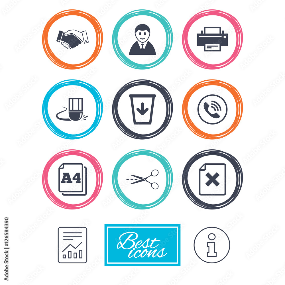 Office, documents and business icons. Printer, handshake and phone signs. Boss, recycle bin and eraser symbols. Report document, information icons. Vector