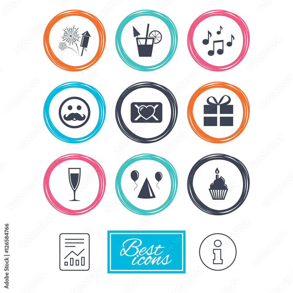 Party celebration, birthday icons. Musical notes, air balloon and champagne glass signs. Gift box, fireworks and cocktail symbols. Report document, information icons. Vector
