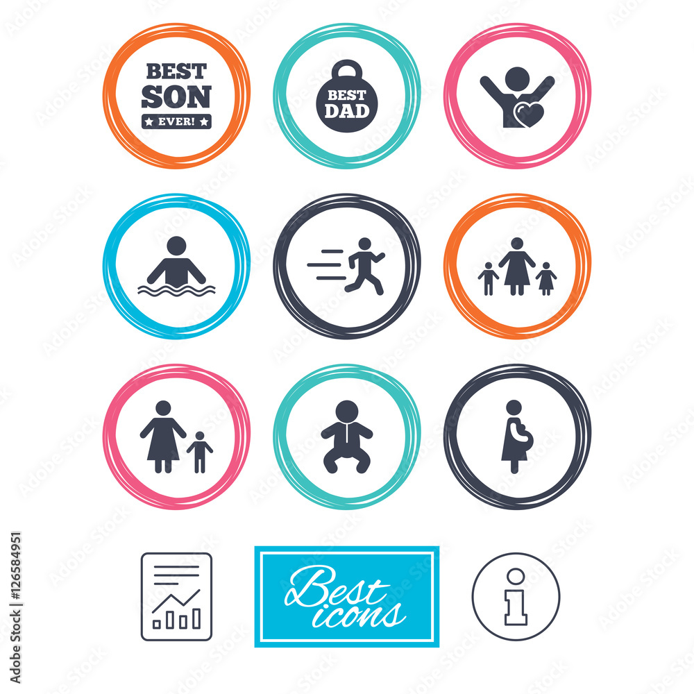 People, family icons. Swimming, baby and pregnant woman signs. Best dad, runner and fan symbols. Report document, information icons. Vector