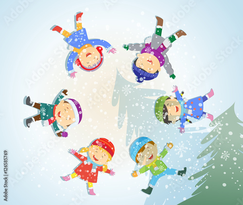 happy kids playing outdoors in winter
