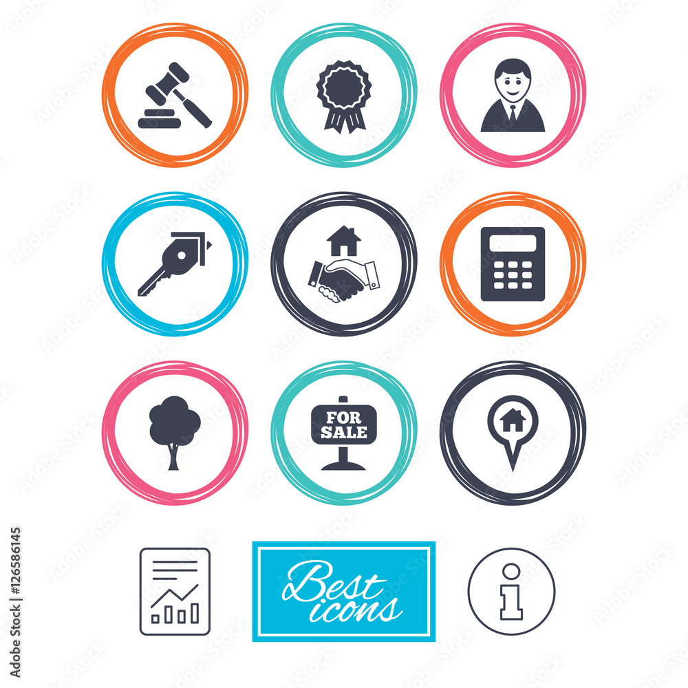 Real estate, auction icons. Handshake, for sale and calculator signs. Key, tree and award medal symbols. Report document, information icons. Vector