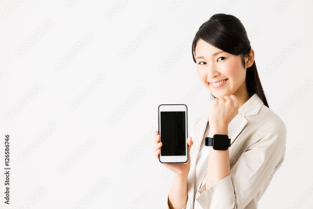 portrait of asian businesswoman using smart watch isolated on white background