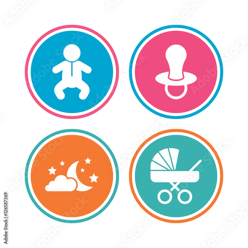 Moon and stars symbol. Baby infants icon. Buggy and dummy signs. Child pacifier and pram stroller. Colored circle buttons. Vector