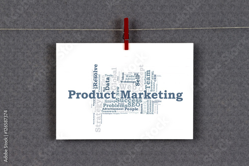 Product Marketing word cloud on a business card pinned up on a board