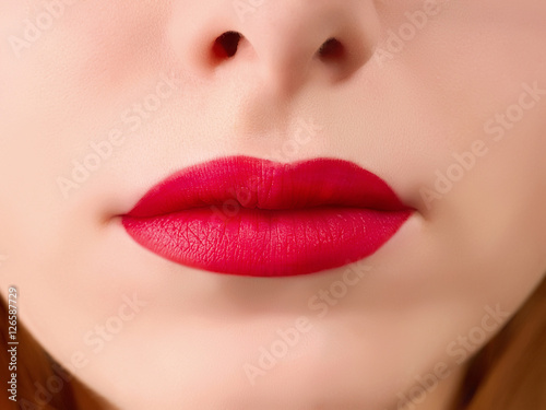 Realistic woman lips with dark red lipstick