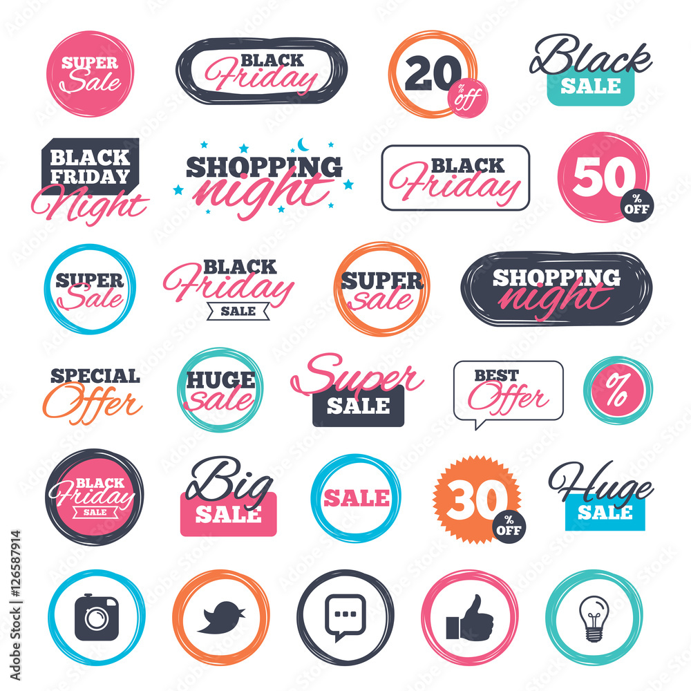 Sale shopping stickers and banners. Hipster photo camera icon. Like and Chat speech bubble sign. Hand thumb up. Bird symbol. Website badges. Black friday. Vector Sale shopping stickers and banners. Hipster photo camera icon. Like and Chat speech bubble sign. Hand thumb up. Bird symbol. Website badges. Black friday. Vector