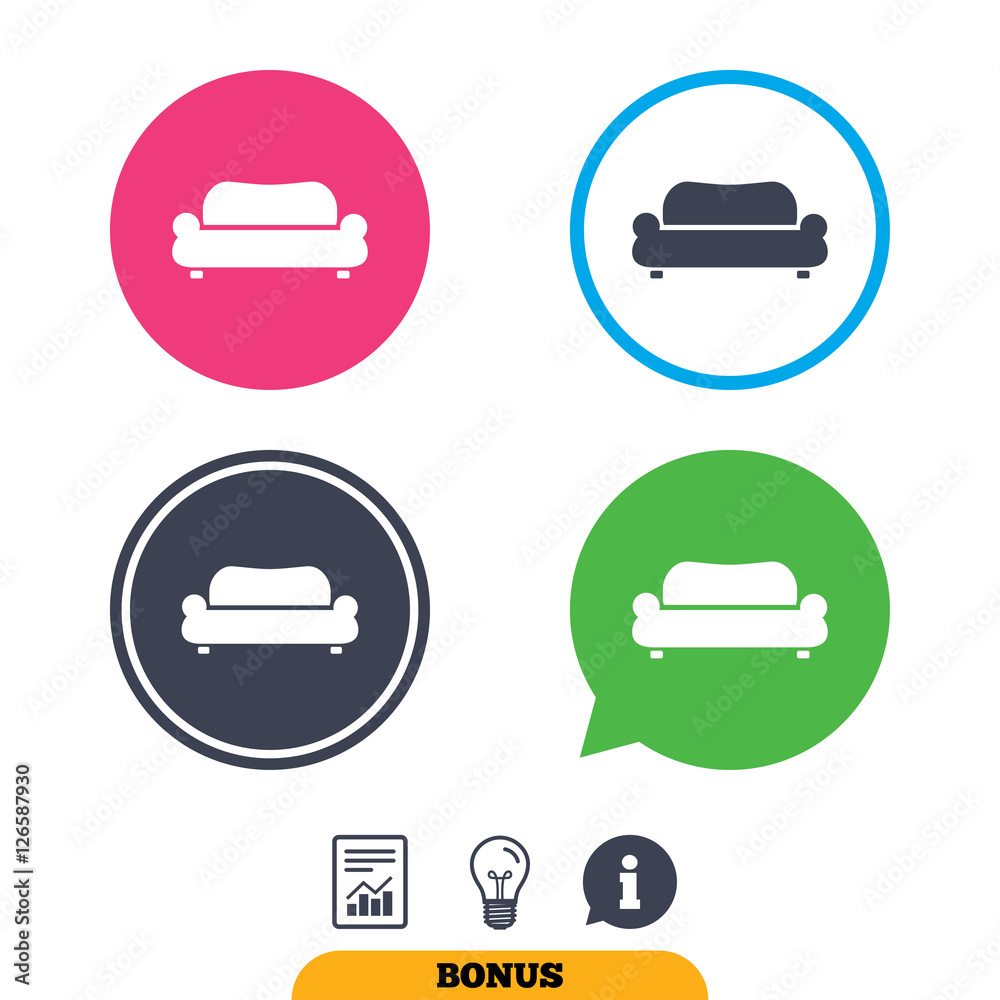 Comfortable sofa sign icon. Modern couch furniture symbol. Report document, information sign and light bulb icons. Vector Comfortable sofa sign icon. Modern couch furniture symbol. Report document, information sign and light bulb icons. Vector