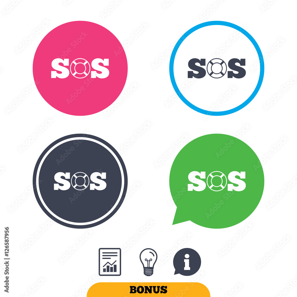 SOS sign icon. Lifebuoy symbol. Report document, information sign and light bulb icons. Vector