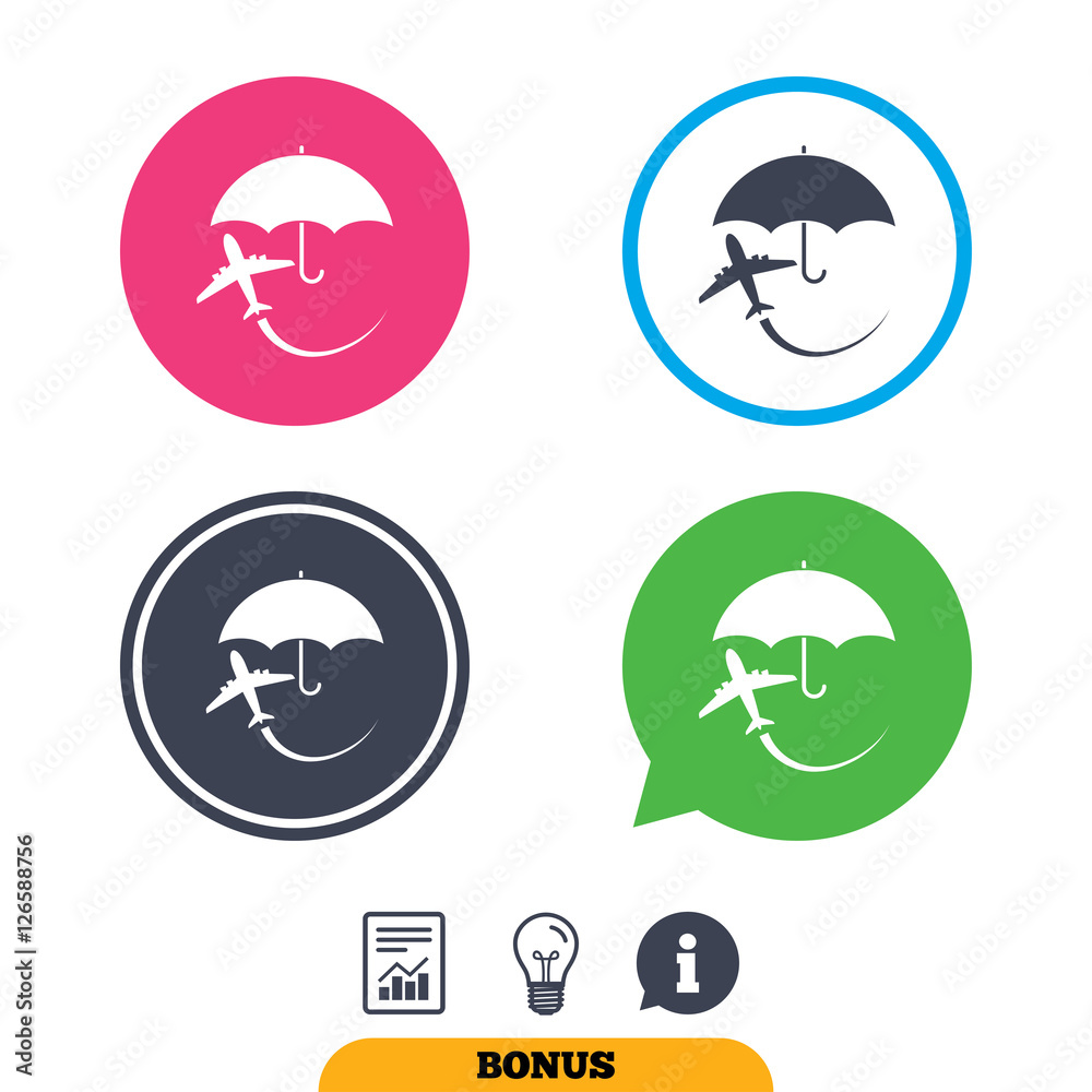 Flight insurance sign icon. Safe travel symbol. Report document, information sign and light bulb icons. Vector Flight insurance sign icon. Safe travel symbol. Report document, information sign and light bulb icons. Vector