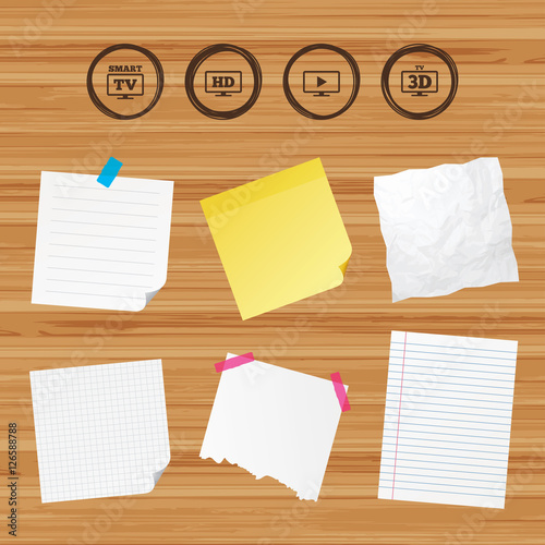 Business paper banners with notes. Smart TV mode icon. Widescreen symbol. High-definition resolution. 3D Television sign. Sticky colorful tape. Vector