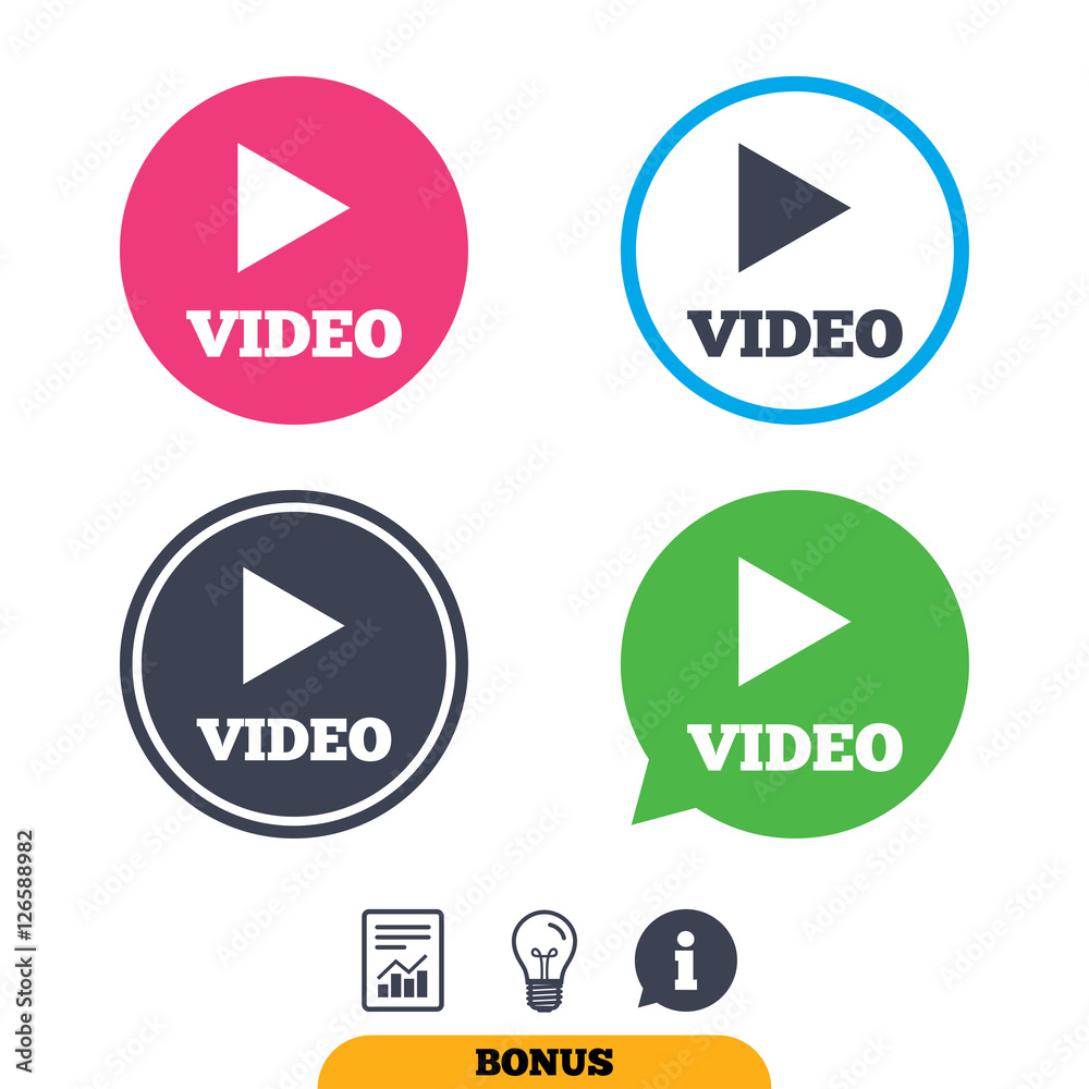 Play video sign icon. Player navigation symbol. Report document, information sign and light bulb icons. Vector