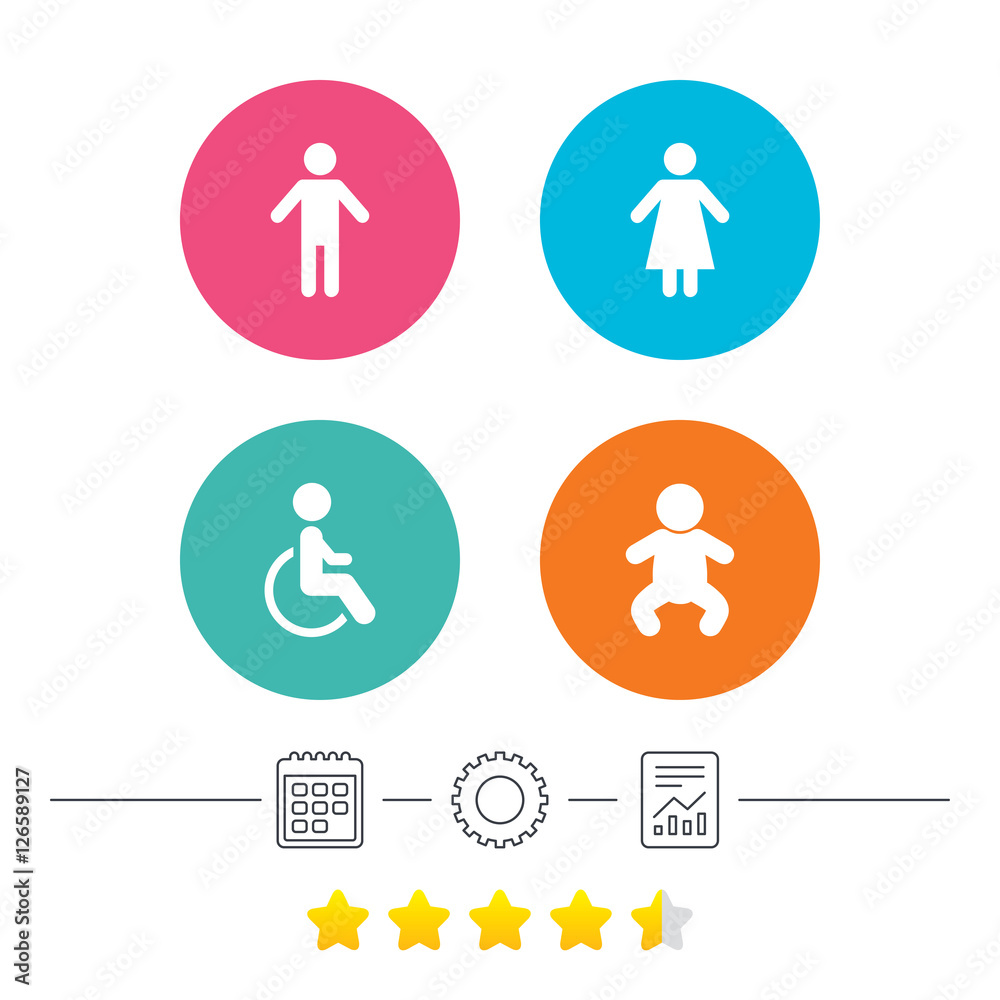 WC toilet icons. Human male or female signs. Baby infant or toddler. Disabled handicapped invalid symbol. Calendar, cogwheel and report linear icons. Star vote ranking. Vector WC toilet icons. Human male or female signs. Baby infant or toddler. Disabled handicapped invalid symbol. Calendar, cogwheel and report linear icons. Star vote ranking. Vector