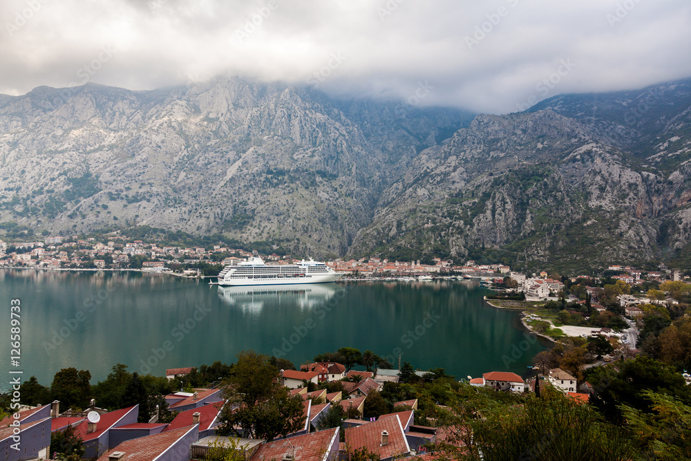 Cruise ship in port. Kotor Bay in Montenegro