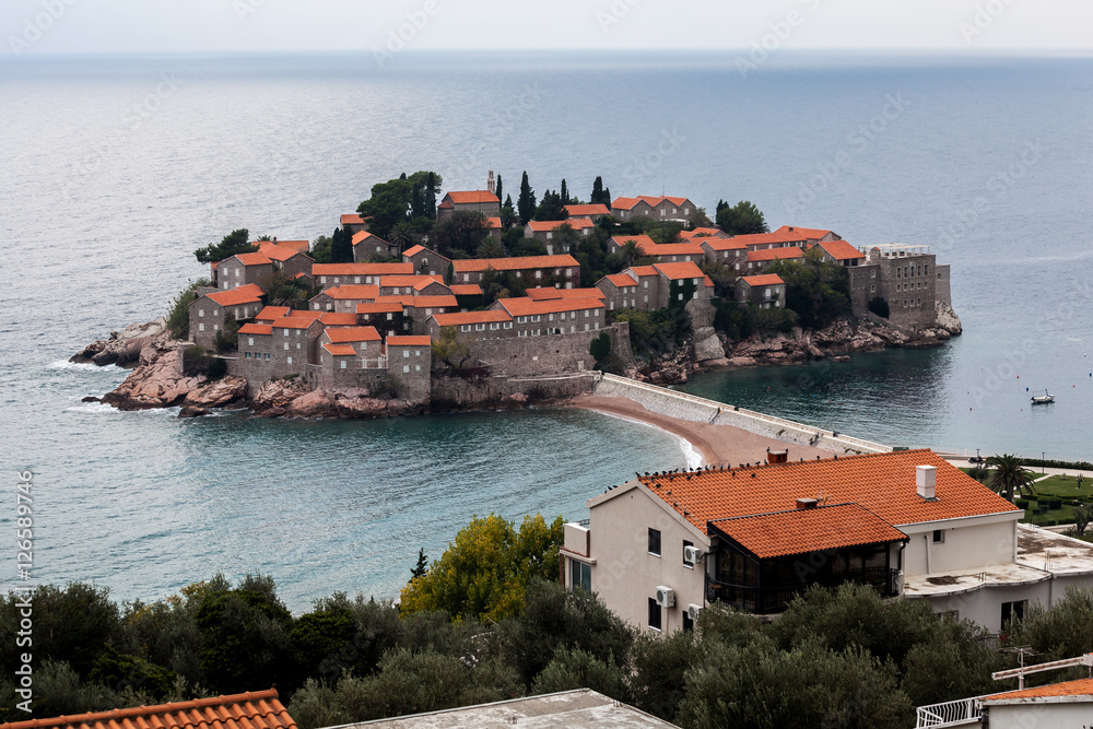 View on the St. Stefan island from the coastline in Montenegro. 