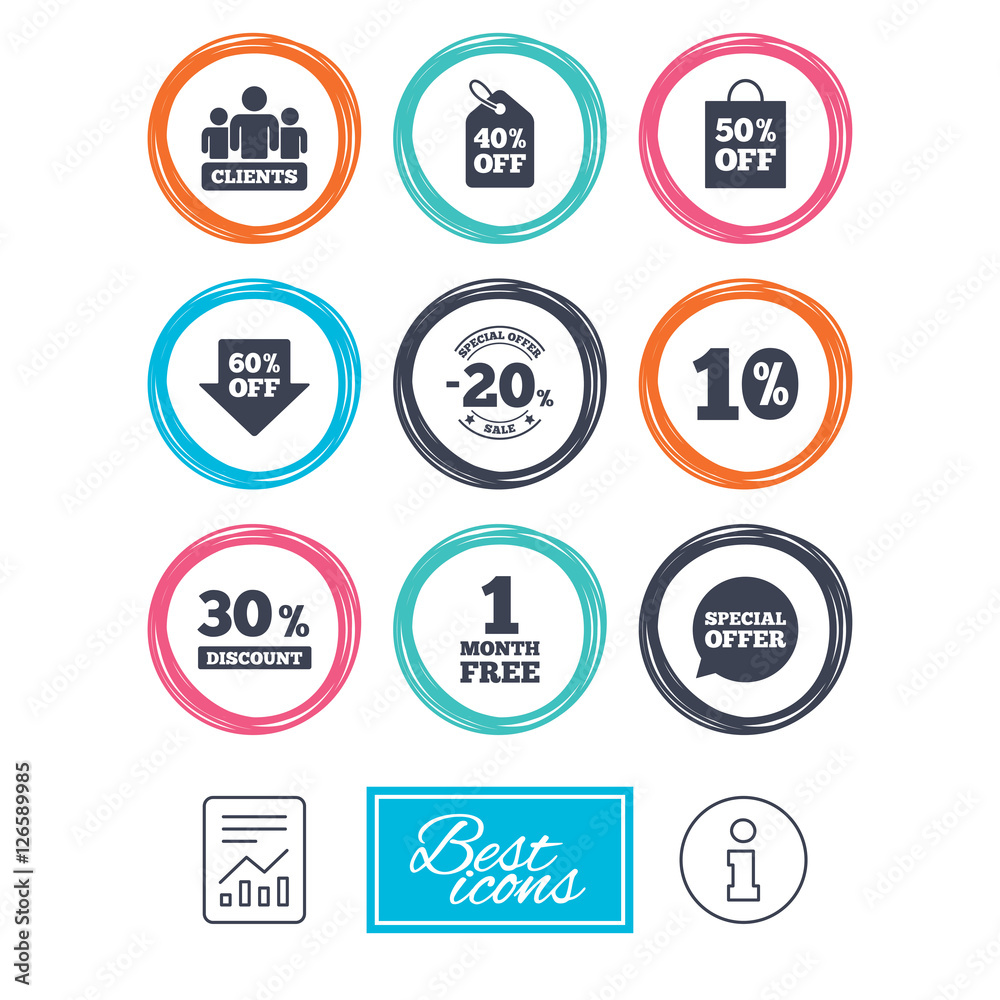 Sale discounts icon. Shopping, clients and speech bubble signs. 20, 30, 40 and 50 percent off. Special offer symbols. Report document, information icons. Vector Sale discounts icon. Shopping, clients and speech bubble signs. 20, 30, 40 and 50 percent off. Special offer symbols. Report document, information icons. Vector