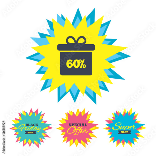 Sale stickers and banners. 60% sale gift box tag sign icon. Discount symbol. Special offer label. Star labels. Vector