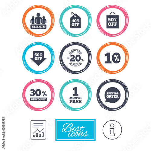 Sale discounts icon. Shopping, clients and speech bubble signs. 20, 30, 40 and 50 percent off. Special offer symbols. Report document, information icons. Vector