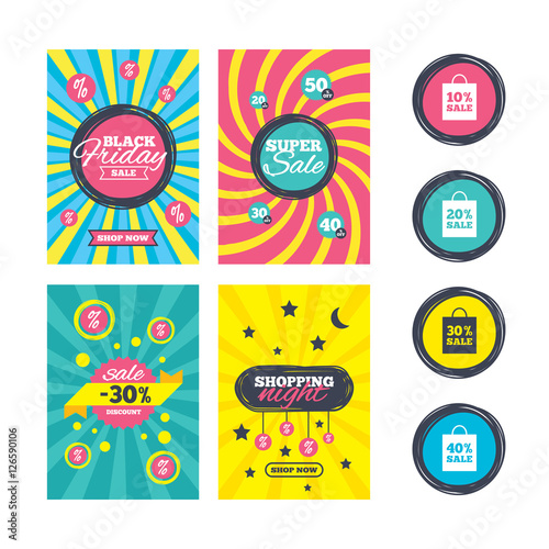 Sale website banner templates. Sale bag tag icons. Discount special offer symbols. 10%, 20%, 30% and 40% percent sale signs. Ads promotional material. Vector