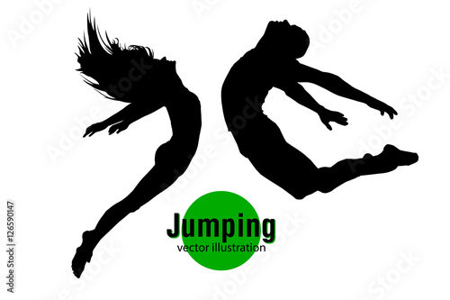 Silhouette of a jumping man and girl.
