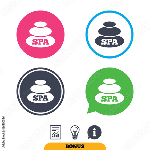 Spa sign icon. Spa stones symbol. Report document, information sign and light bulb icons. Vector
