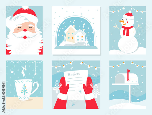 Christmas and Winter Holidays Vector Cards. Santa Claus, Snow Globe, Snowman, Letter to Santa and Mailbox.