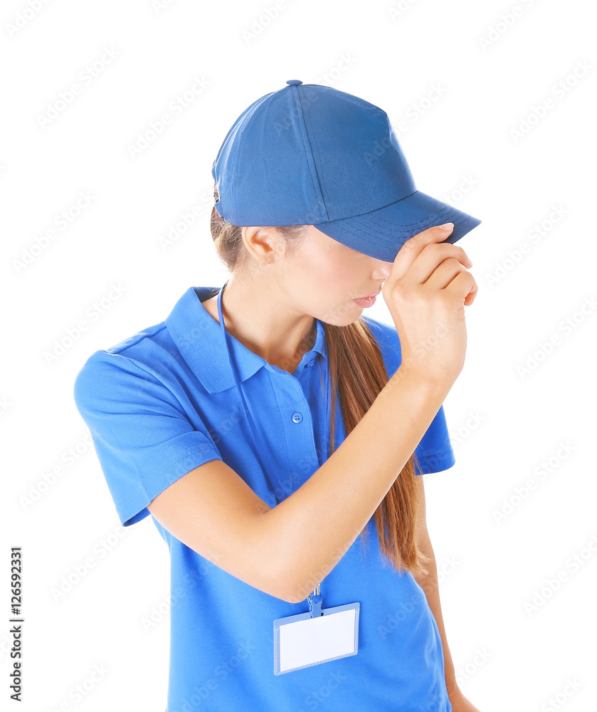 Delivery woman in uniform on white background, closeup Delivery woman in uniform on white background, closeup