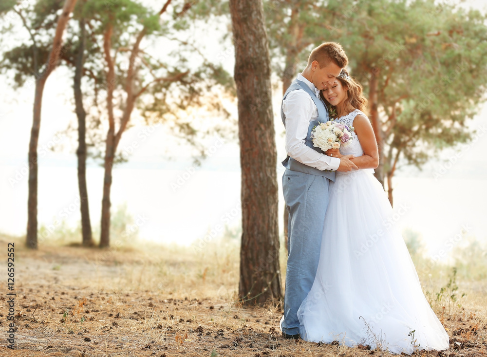 Beautiful wedding couple in coniferous forest near river Beautiful wedding couple in coniferous forest near river