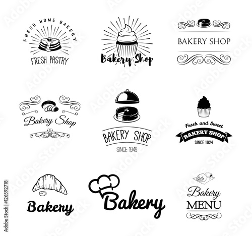 Bakery products and pastry cupcake, cake, chef hat, bread, croissant. Menu restaurant.