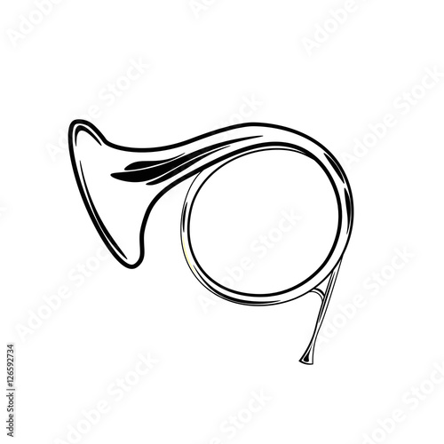 French horn in hard light isolated on white background