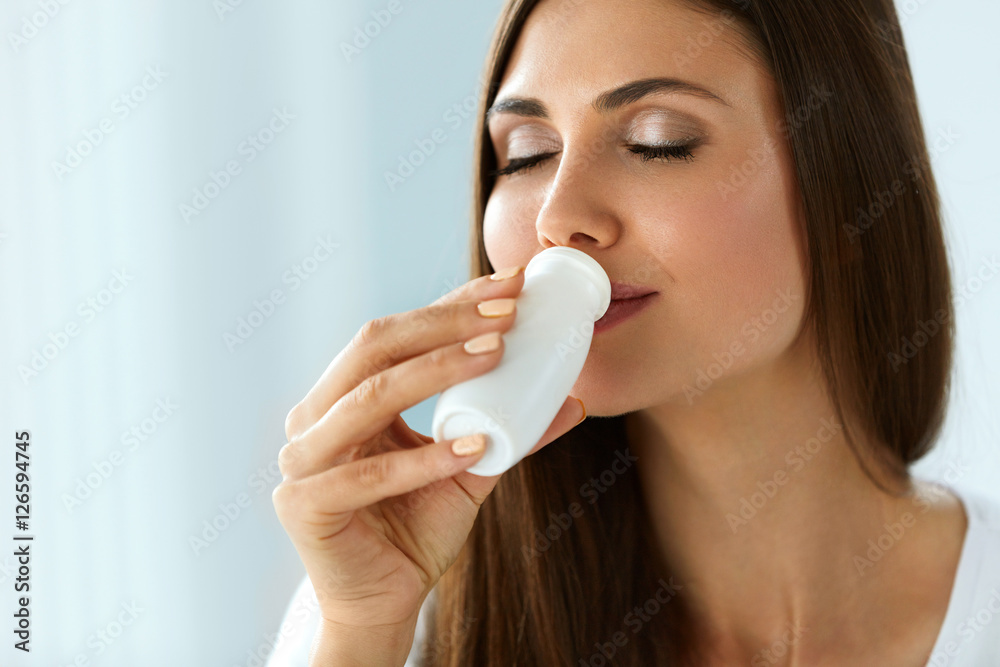 Beautiful Healthy Woman Drinking Natural Yogurt, Dairy Product Beautiful Healthy Woman Drinking Natural Yogurt, Dairy Product