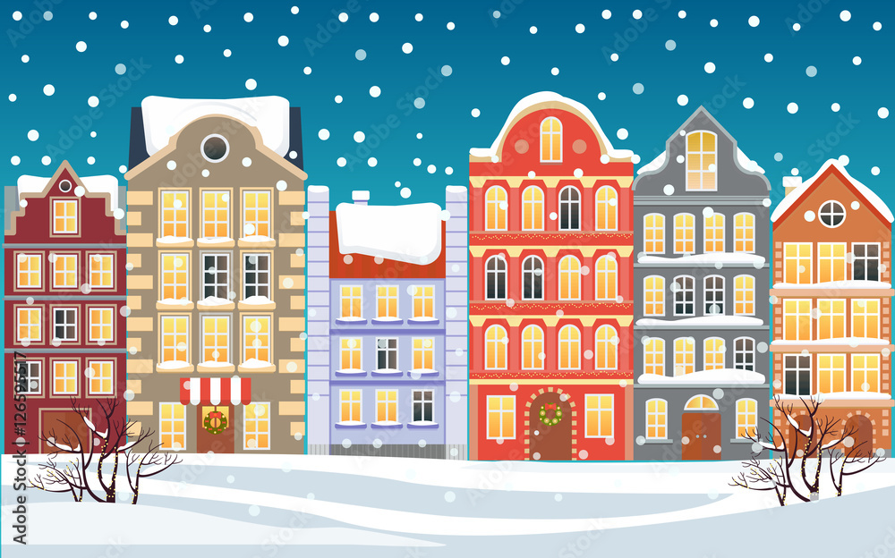 Christmas town illustration. Xmas snowy old town. Cartoon buildings. Christmas background. City street at Winter. New Year greetings card.