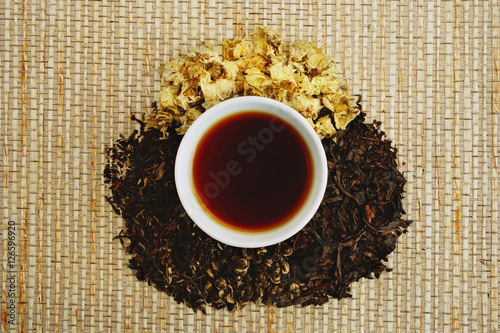 Chinese teacup and pile of loose tea leaves, directly above