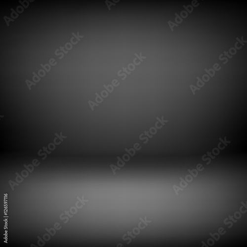 Black empty photo studio backdrop background with realistic light for design concepts, presentations, posters, banners, web, wallpapers and prints. Vector illustration.