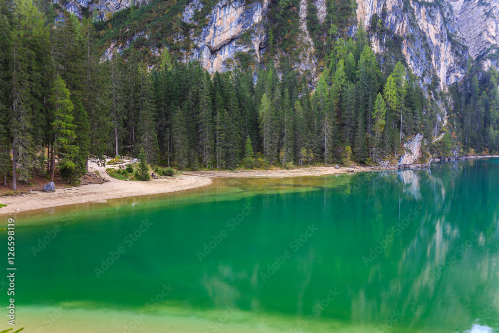 Braies Lake ( Pragser Wildsee ) in Dolomites mountains