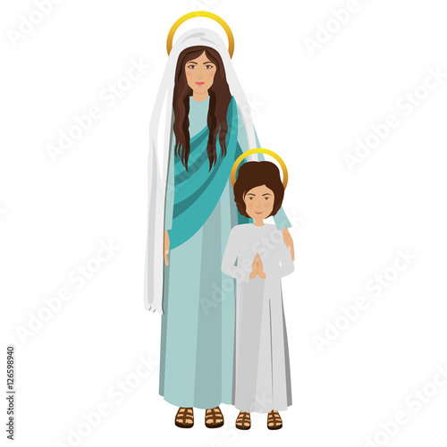 cartoon virgin mary and jesus over white background. religious symbol. colorful design. vector illustration
