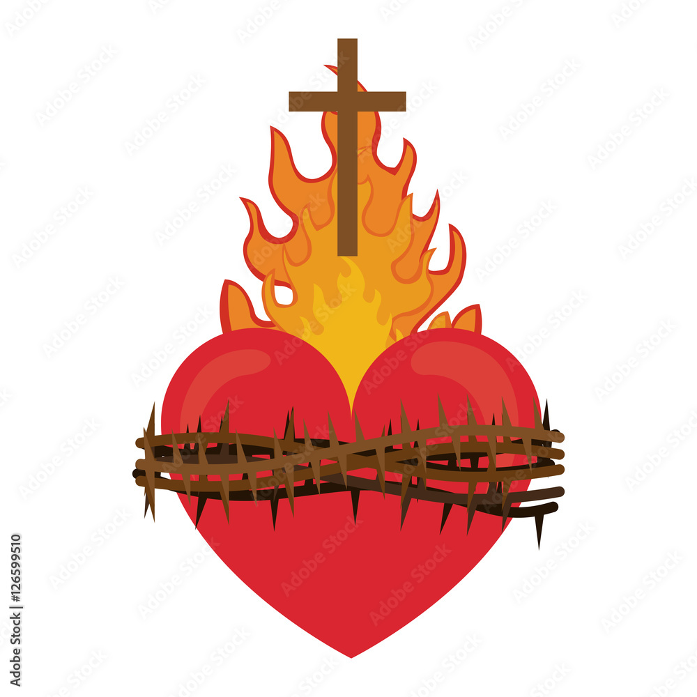 red heart with fire flames and thorns. religious symbol. colorful design. vector illustration