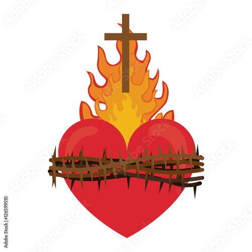 red heart with fire flames and thorns. religious symbol. colorful design. vector illustration