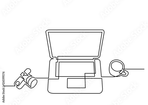 continuous line drawing of camera laptop and cup og coffee