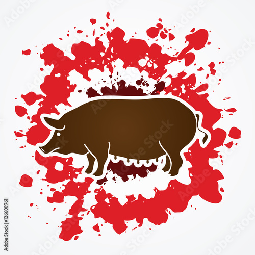 Fat pig standing designed on splatter blood background graphic vector.