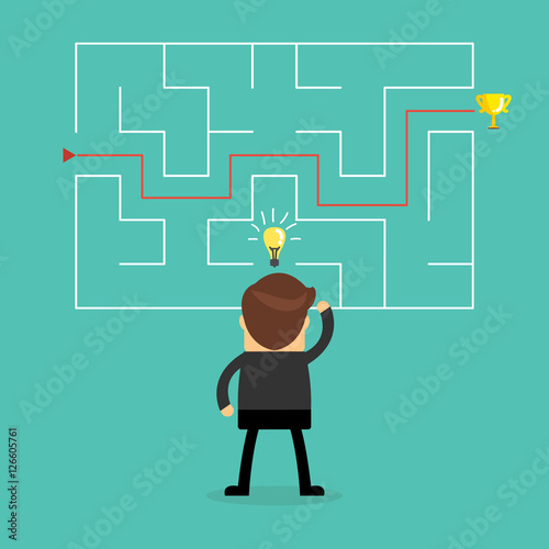 Businessman with a maze and think about solution to success.