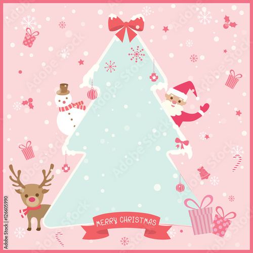 Merry christmas and happy new year with christmas tree, santa claus, snowman, and reindeer decoration on snow pink background colors.