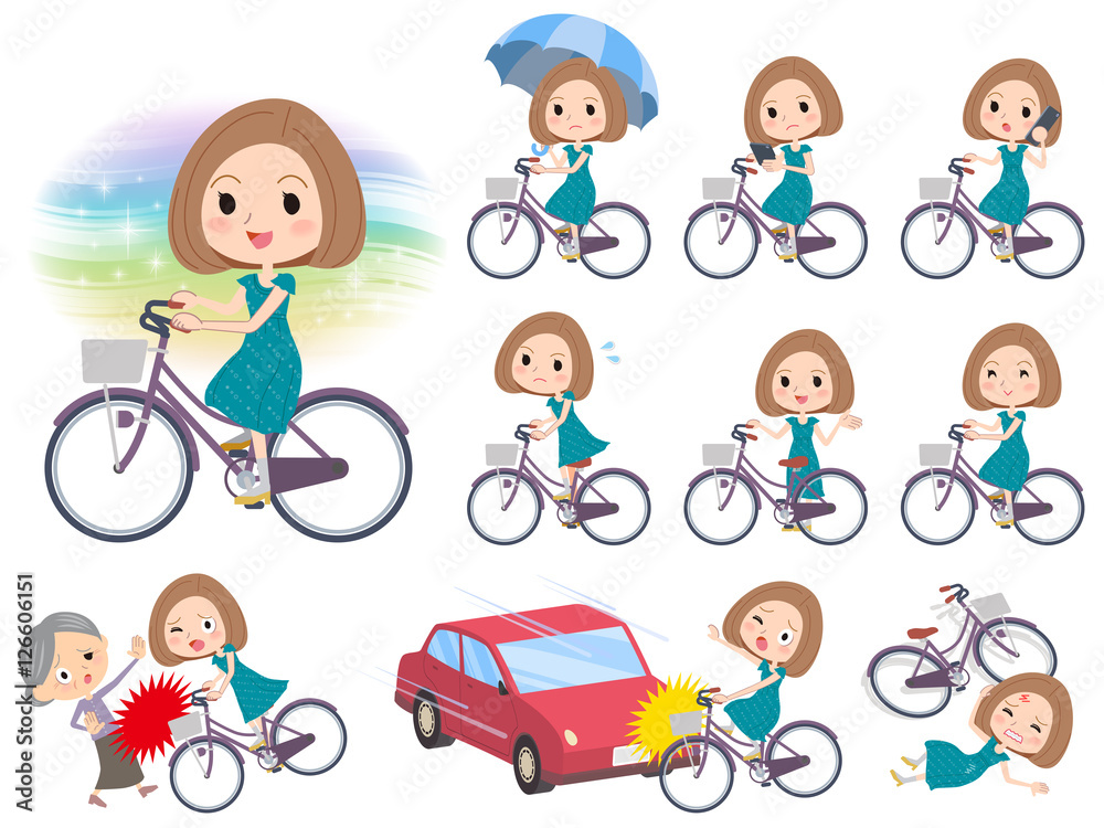 Bob hair green dress women ride on city bicycle Bob hair green dress women ride on city bicycle