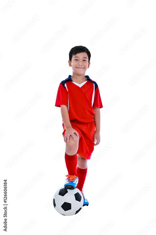 Young asian soccer player with soccer ball. Studio shot. Isolated on white background. Young asian soccer player with soccer ball. Studio shot. Isolated on white background.