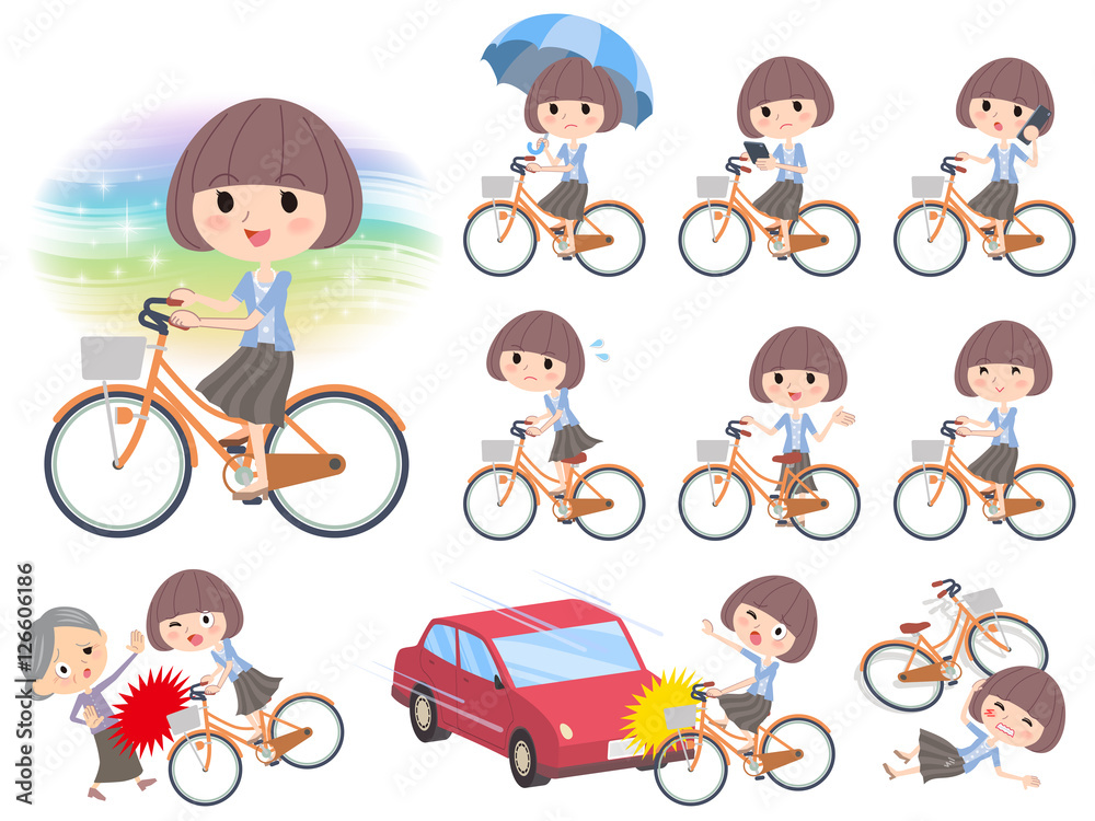 Mash hair blue cardigan ride on city bicycle Mash hair blue cardigan ride on city bicycle