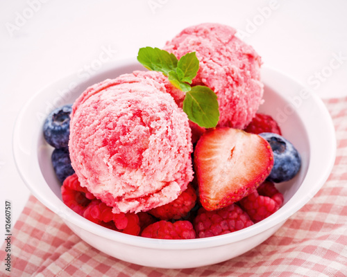 Close Up ice cream mixed berry fruits raspberry ,blueberry ,stra