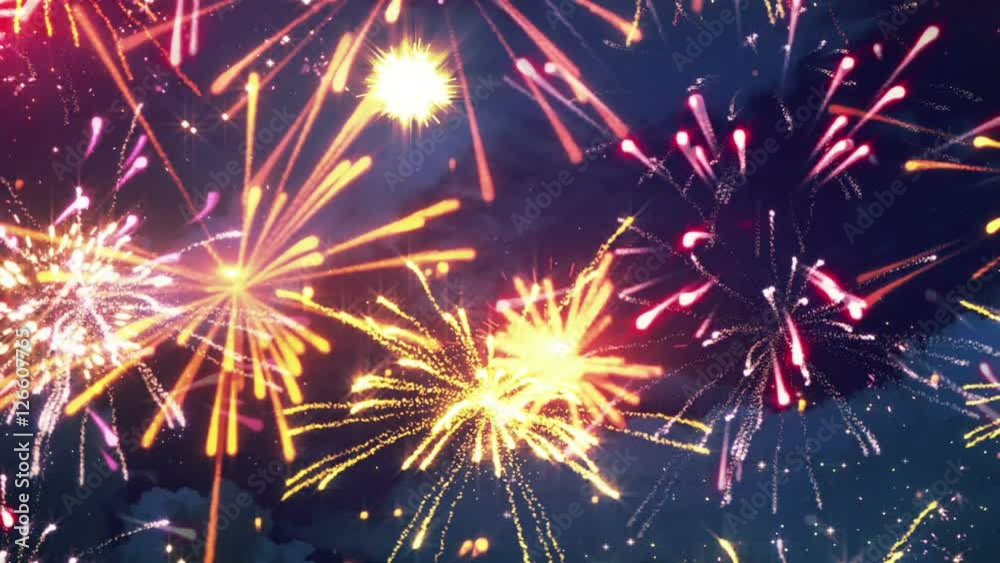 beautiful fireworks with lots of multicolor bangs. computer generated seamless loop christmas animation
