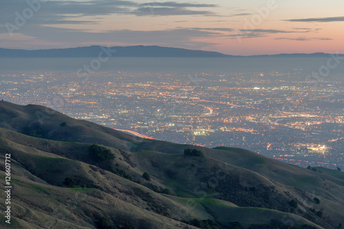 Silicon Valley and Rolling Hills at Dusk. Mission Peak Regional Preserve, Fremont, California, USA.